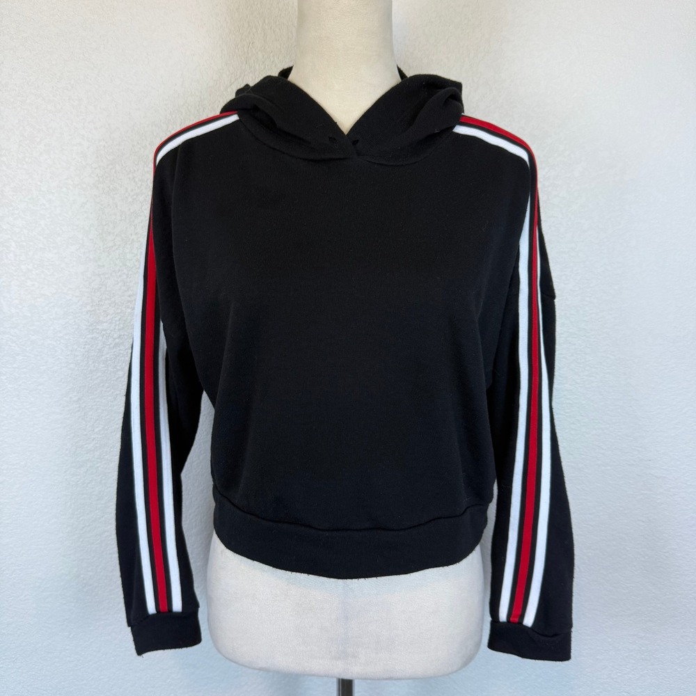 Charlotte Russe Y2K‎ Black Cropped Hoodie Striped Sleeves Casual Women's Size L